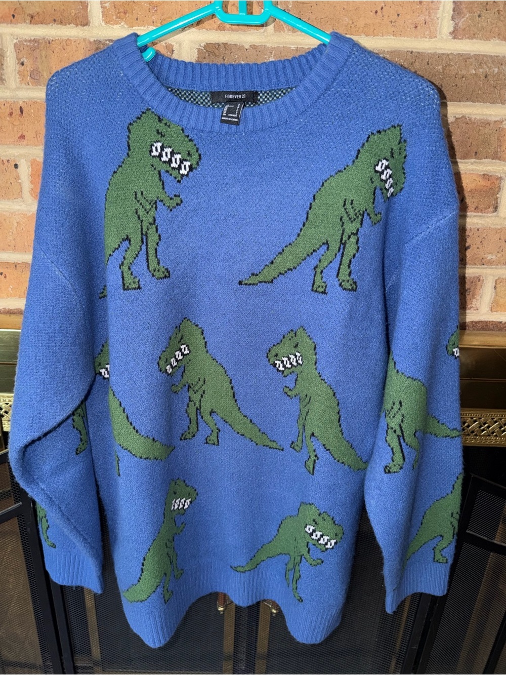 Forever 21 Blue Crewneck Sweater with Green Dino Motif